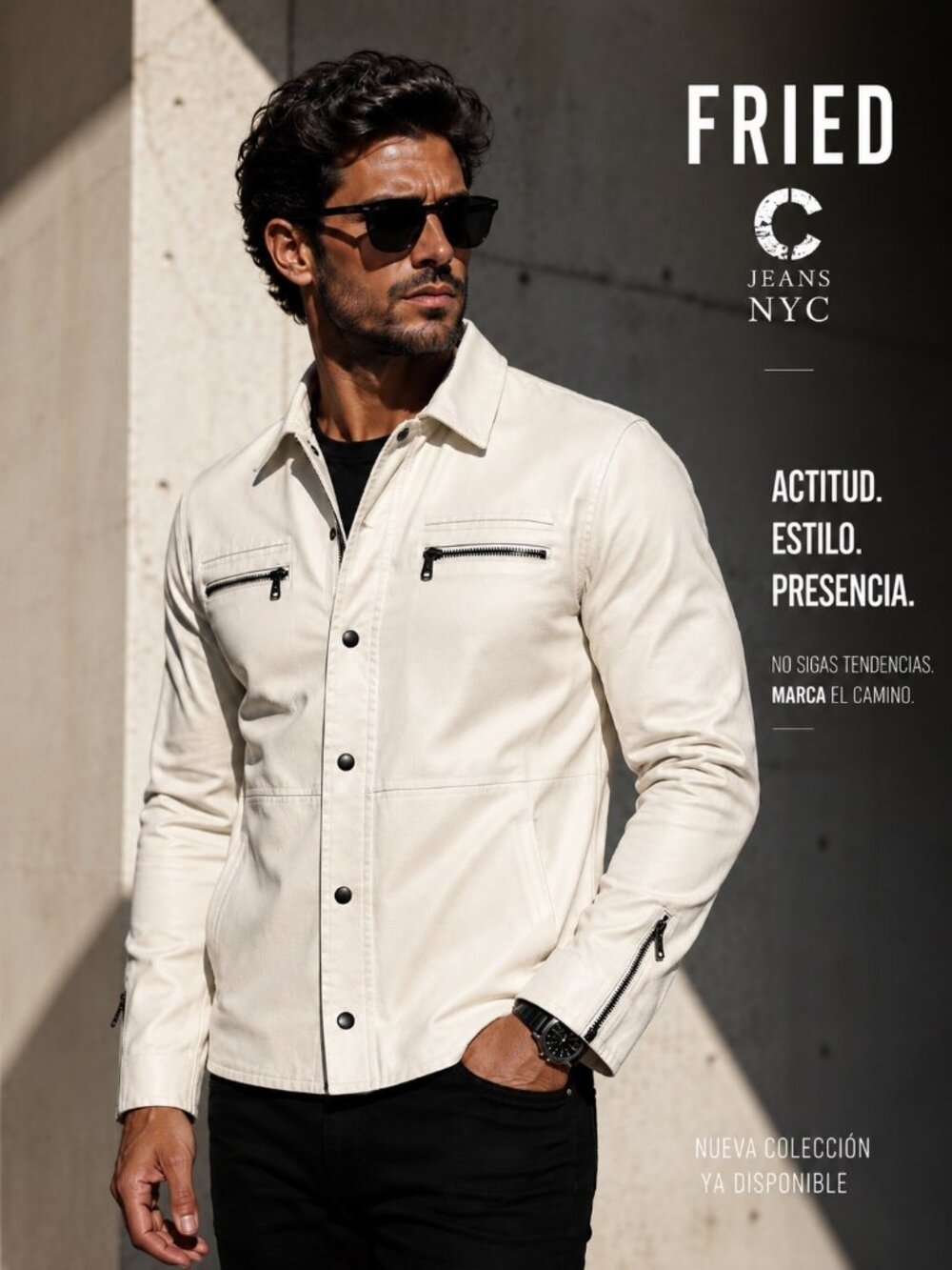 Mens Fried Denim White Faux Leather Jacket With Zippered Pockets Large